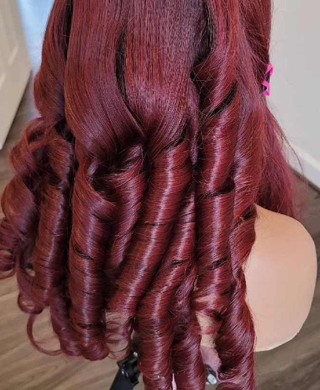 100% Humanhair lace frontal body wave wig custom colored Burgundy