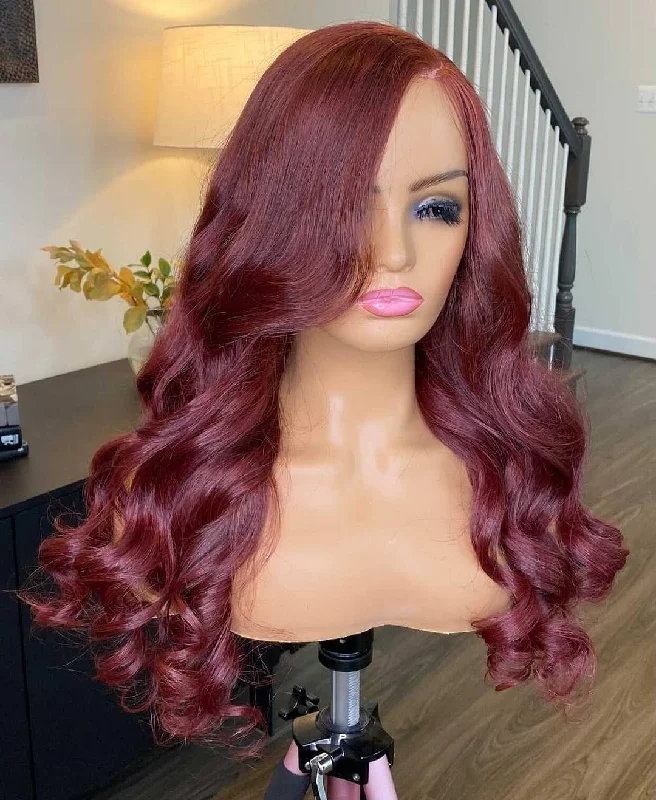 100% Humanhair lace frontal body wave wig custom colored Burgundy