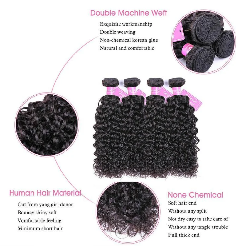 Water Wave Human Hair 4 Bundles with 4*4 Lace Clsoure Natural Black