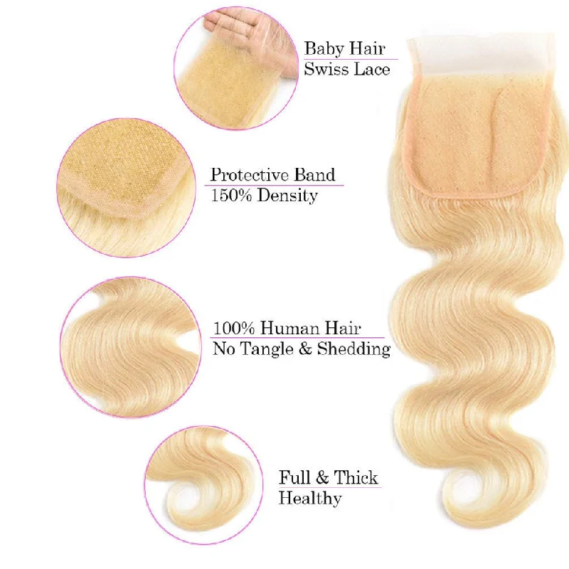 Body Wave 613 Blonde Color Bundles with 4x4 Lace Closure Human Virgin Hair -OQHAIR