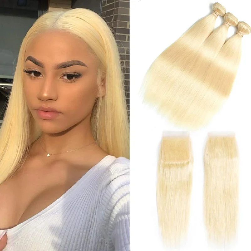 Straight 613 Blonde Color Bundles with 4x4 Lace Closure Human Virgin Hair -OQHAIR