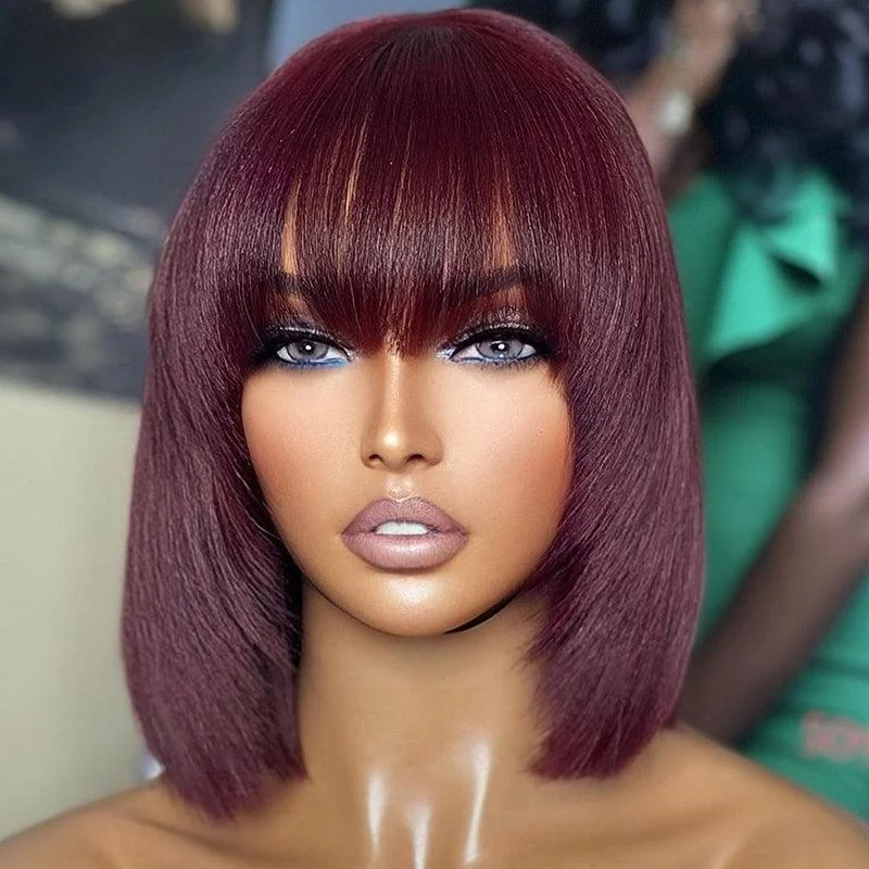 99J/Burgundy Color Glueless Wig Wear Go Brazilian Straight Bob Human Hair Wig With Bangs