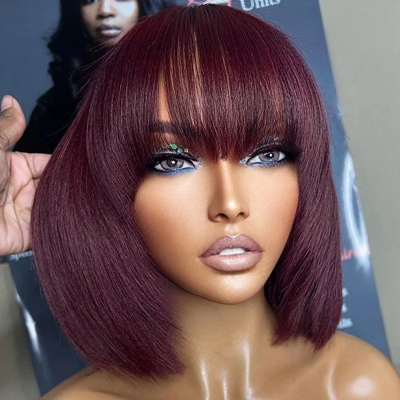 99J/Burgundy Color Glueless Wig Wear Go Brazilian Straight Bob Human Hair Wig With Bangs