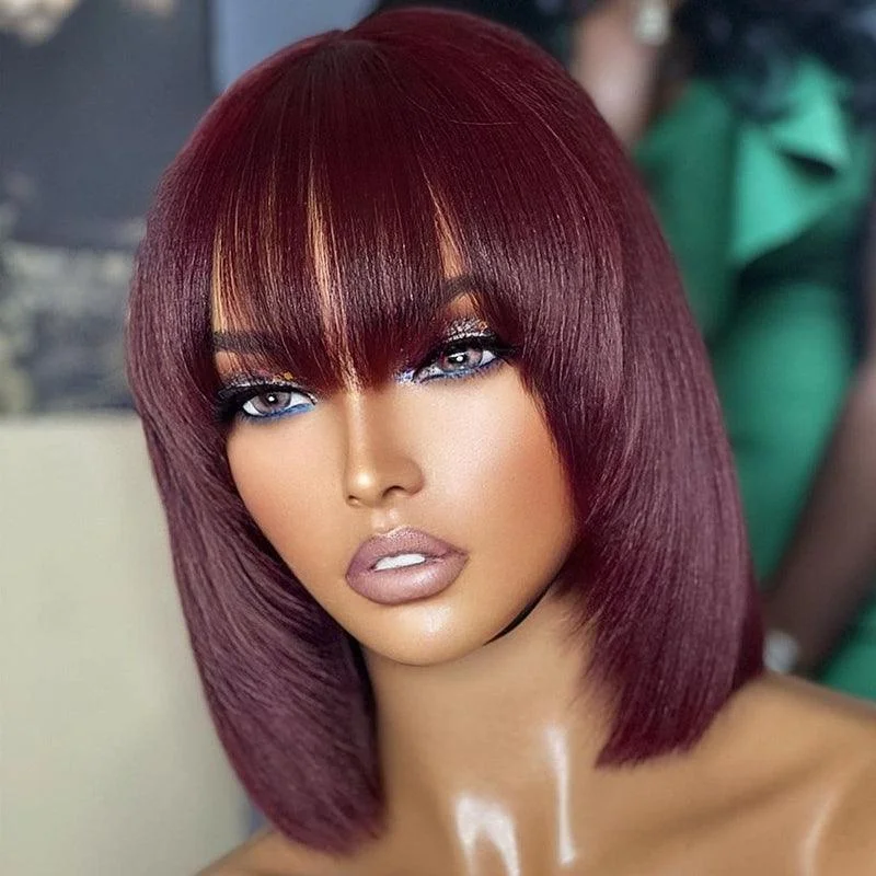 99J/Burgundy Color Glueless Wig Wear Go Brazilian Straight Bob Human Hair Wig With Bangs