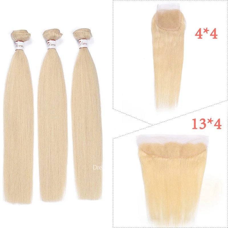 Blonde Color Straight Hair Bundles Deal With Transparent  Closure Lace Frontal