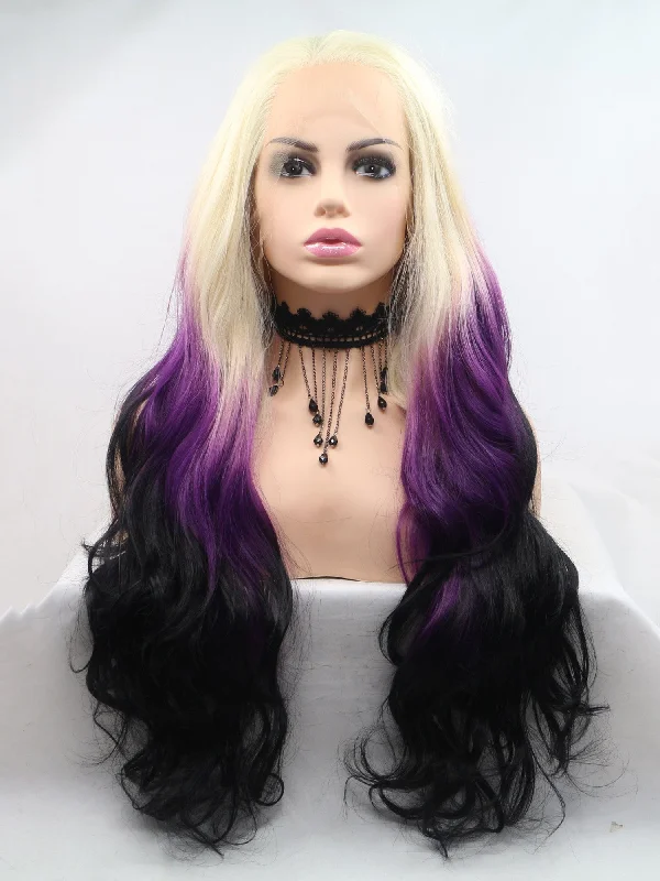 Blonde to Purple to Black Wavy Lace Front Wig 375