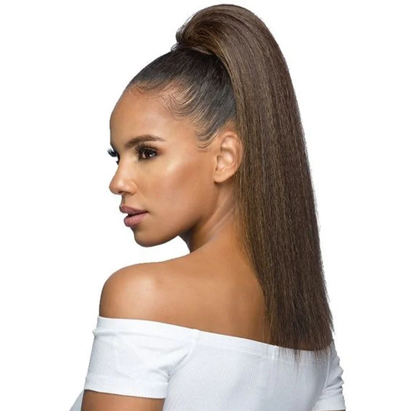 Brownish Grey Yaki Straight Drawstring Ponytail Hair Human Hair Extensions