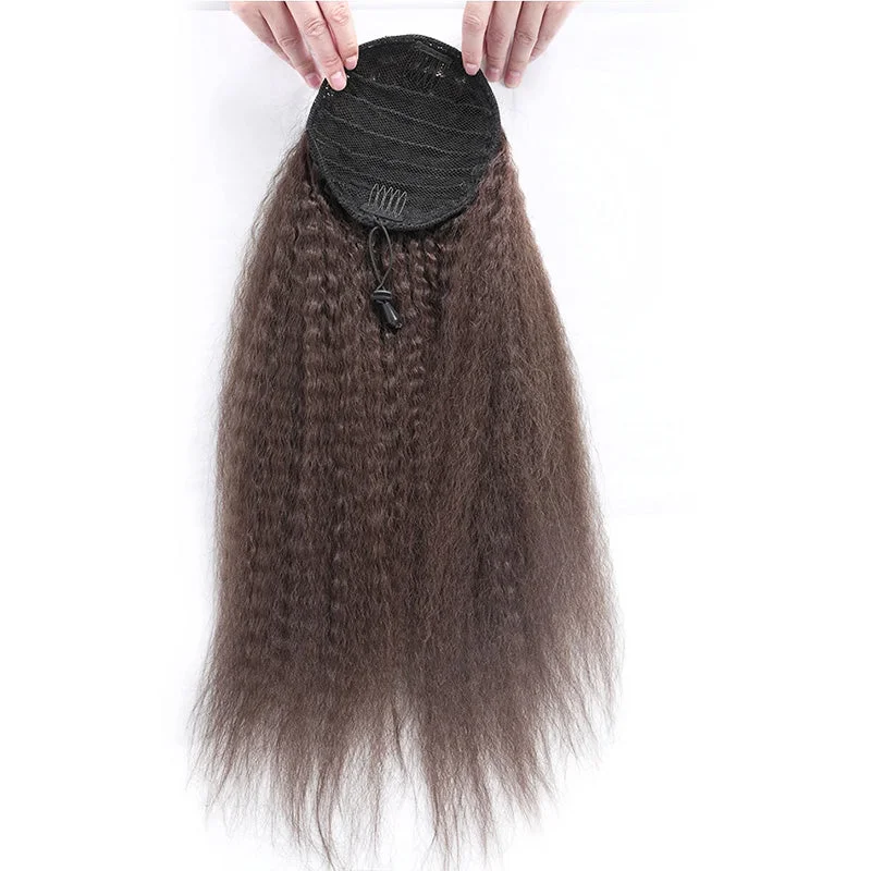 Brownish Grey Yaki Straight Drawstring Ponytail Hair Human Hair Extensions