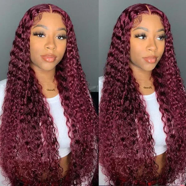 Burgundy 99J Color Deep Wave Lace Frontal and Closure Wig Pre Plucked Human Hair Wig On Sale -OQHAIR