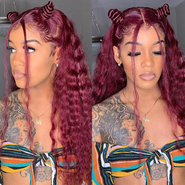 Burgundy 99J Color Deep Wave Lace Frontal and Closure Wig Pre Plucked Human Hair Wig On Sale -OQHAIR