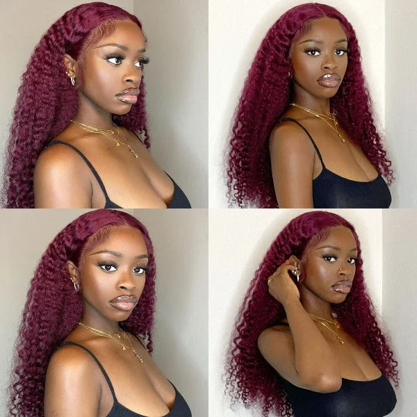 Burgundy 99J Color Deep Wave Lace Frontal and Closure Wig Pre Plucked Human Hair Wig On Sale -OQHAIR