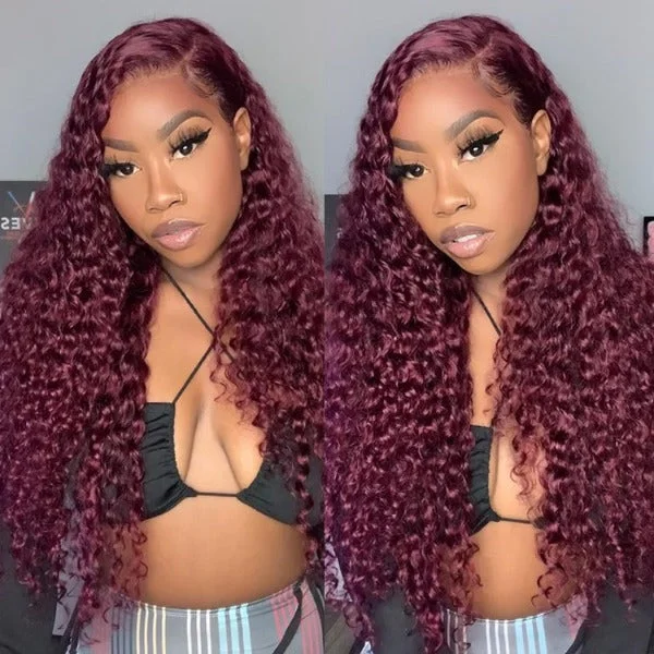 Burgundy 99J Color Deep Wave Lace Frontal and Closure Wig Pre Plucked Human Hair Wig On Sale -OQHAIR