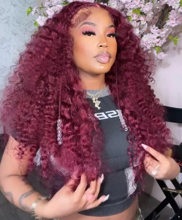 Burgundy 99J Color Deep Wave Lace Frontal and Closure Wig Pre Plucked Human Hair Wig On Sale -OQHAIR