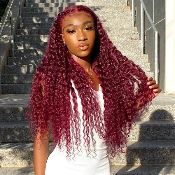 Burgundy 99J Color Deep Wave Lace Frontal and Closure Wig Pre Plucked Human Hair Wig On Sale -OQHAIR