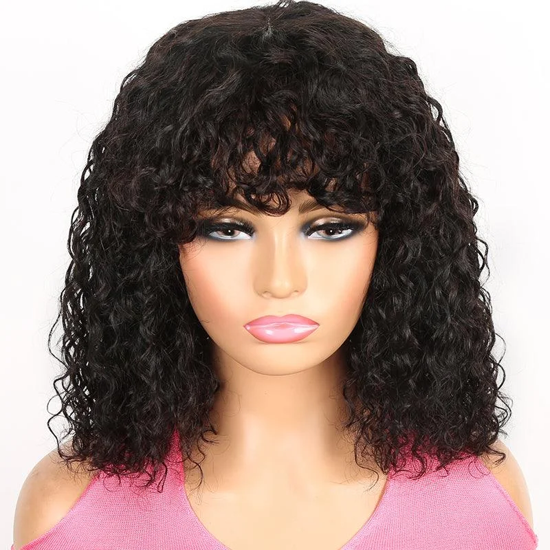 Curly Glueless Wig Brazilian Human Hair Wig With Bangs