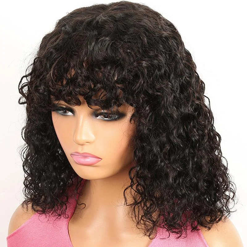 Curly Glueless Wig Brazilian Human Hair Wig With Bangs