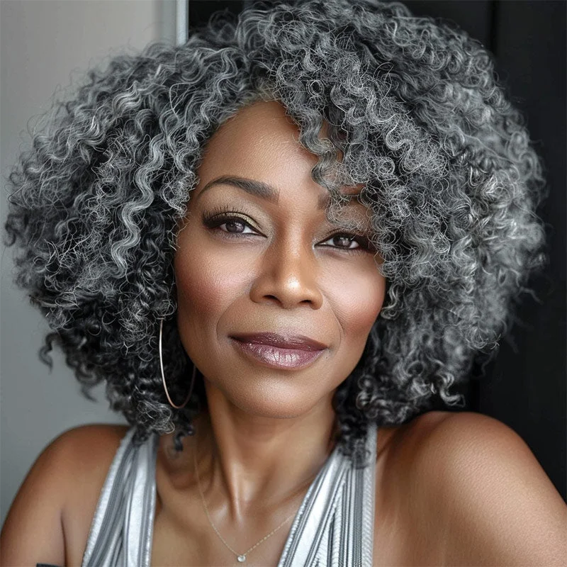 Medium Salt & Pepper Jerry Curly/Kinky Curly Clip In Human Hair Extensions 6 Pieces/Set Dark Grey