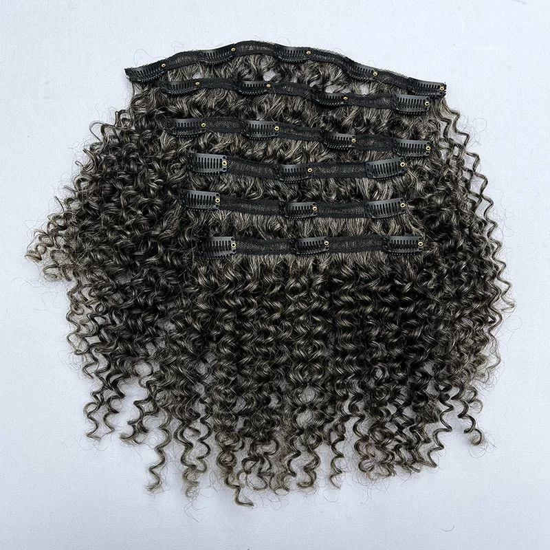 Medium Salt & Pepper Jerry Curly/Kinky Curly Clip In Human Hair Extensions 6 Pieces/Set Dark Grey