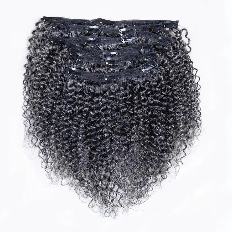 Medium Salt & Pepper Jerry Curly/Kinky Curly Clip In Human Hair Extensions 6 Pieces/Set Dark Grey