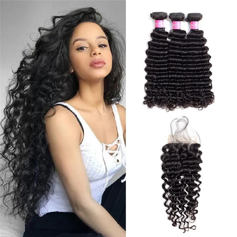 Deep Wave 3 Bundles with 4*4 Lace Closure Human Virgin Hair -OQHAIR