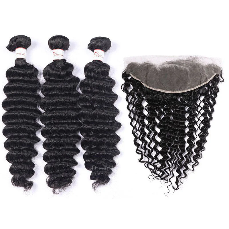 Deep Wave Hair Bundles with Transparent Lace HD Lace 13x4 Lace Frontal