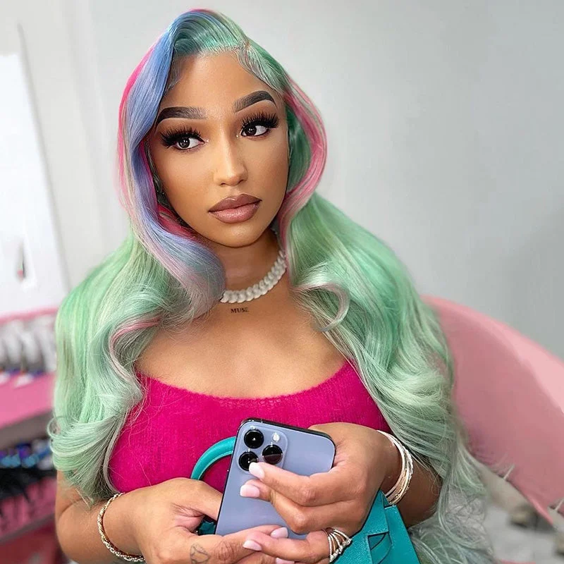 Dream Light Green With Colored Highlight Full Frontal Lace Wig