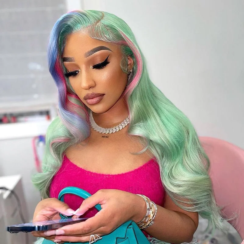 Dream Light Green With Colored Highlight Full Frontal Lace Wig