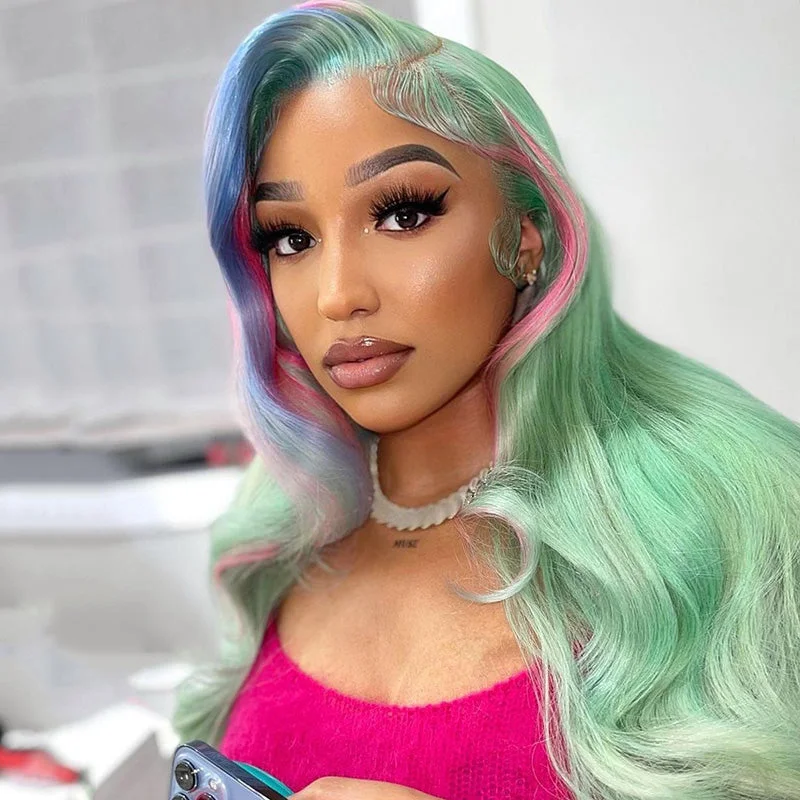 Dream Light Green With Colored Highlight Full Frontal Lace Wig