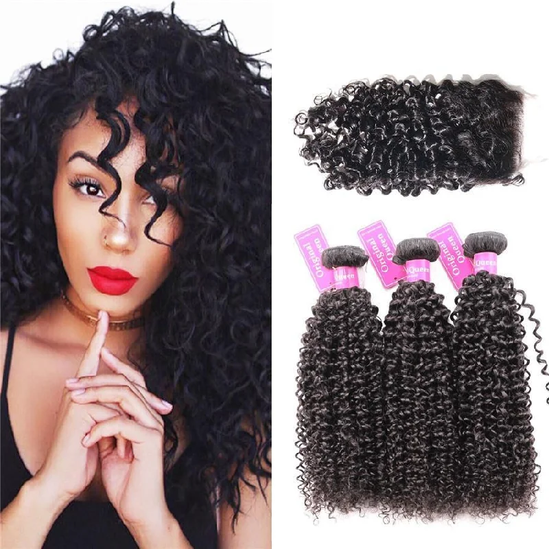 Kinky Curly 3 Bundles with 4*4 Lace Closure Human Virgin Hair -OQHAIR