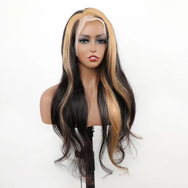 Skunk Stripe Honey Blonde & Black Color Human Hair Lace Front Wigs Body Wave Straight 13x4 Lace Front Wigs