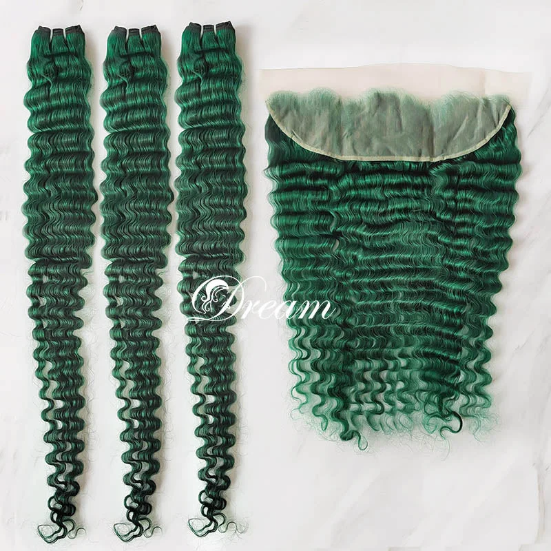 Hot Sale Emerald Green Deep Wave Hair Bundles with Transparent Lace 13x4 Lace Frontal