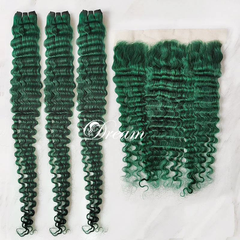 Hot Sale Emerald Green Deep Wave Hair Bundles with Transparent Lace 13x4 Lace Frontal