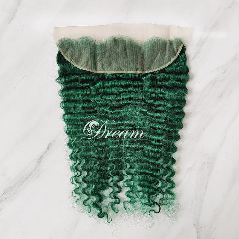 Hot Sale Emerald Green Deep Wave Hair Bundles with Transparent Lace 13x4 Lace Frontal