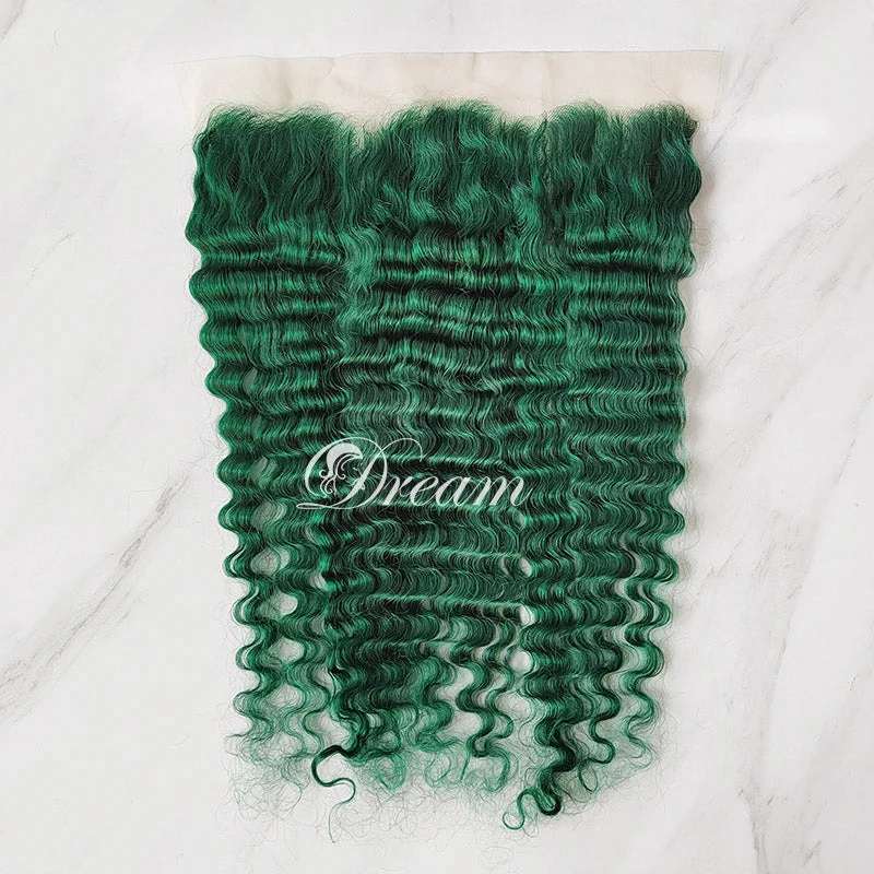 Hot Sale Emerald Green Deep Wave Hair Bundles with Transparent Lace 13x4 Lace Frontal