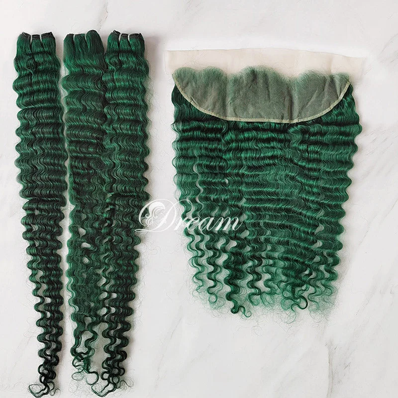 Hot Sale Emerald Green Deep Wave Hair Bundles with Transparent Lace 13x4 Lace Frontal