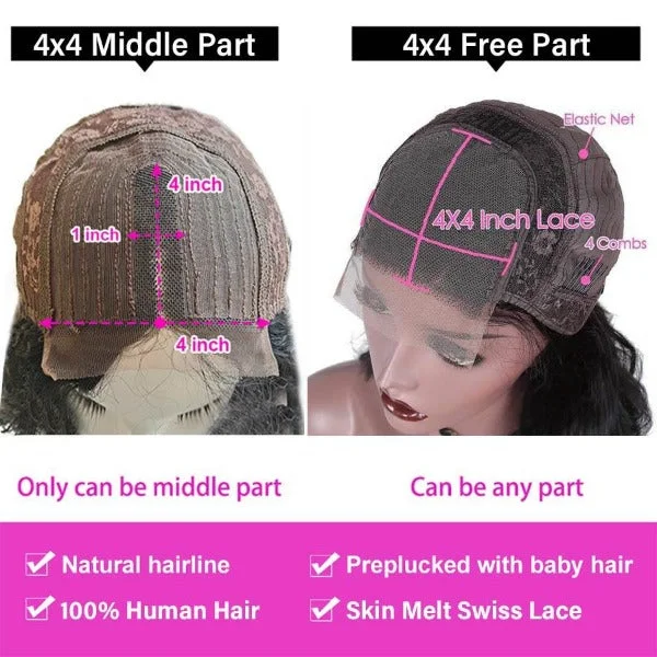 4x4 Lace Closure Wigs Preplucked Human Hair Kinky Straight Skin Melt Lace Wigs for Women