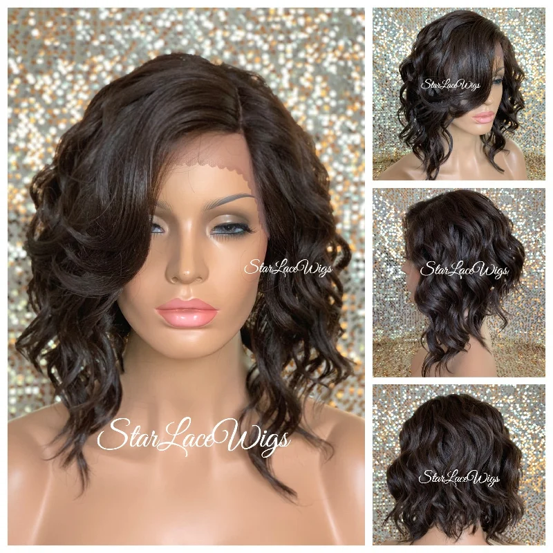 Lace Front Wig Asymmetrical Angled Bob Wavy Brown #4 Bangs - Mindy