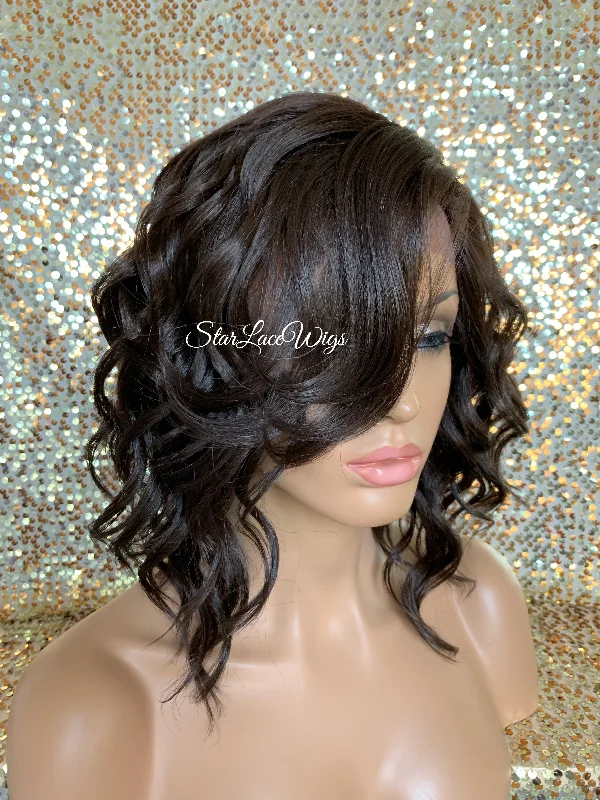 Lace Front Wig Asymmetrical Angled Bob Wavy Brown #4 Bangs - Mindy