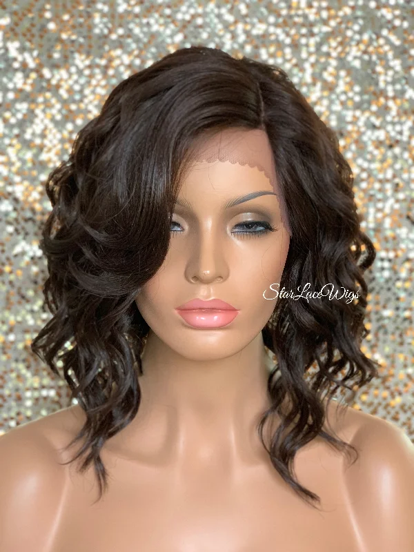 Lace Front Wig Asymmetrical Angled Bob Wavy Brown #4 Bangs - Mindy