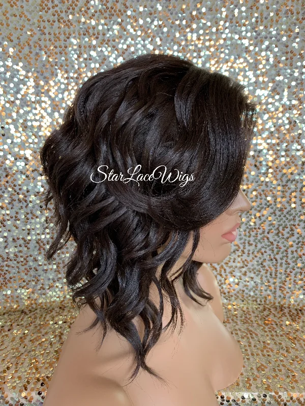 Lace Front Wig Asymmetrical Angled Bob Wavy Brown #4 Bangs - Mindy