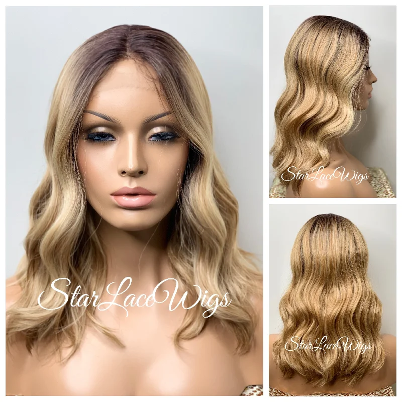 Lace Front Wig Bob Wavy Blonde Dark Roots Synthetic - Shelly