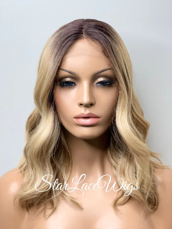 Lace Front Wig Bob Wavy Blonde Dark Roots Synthetic - Shelly