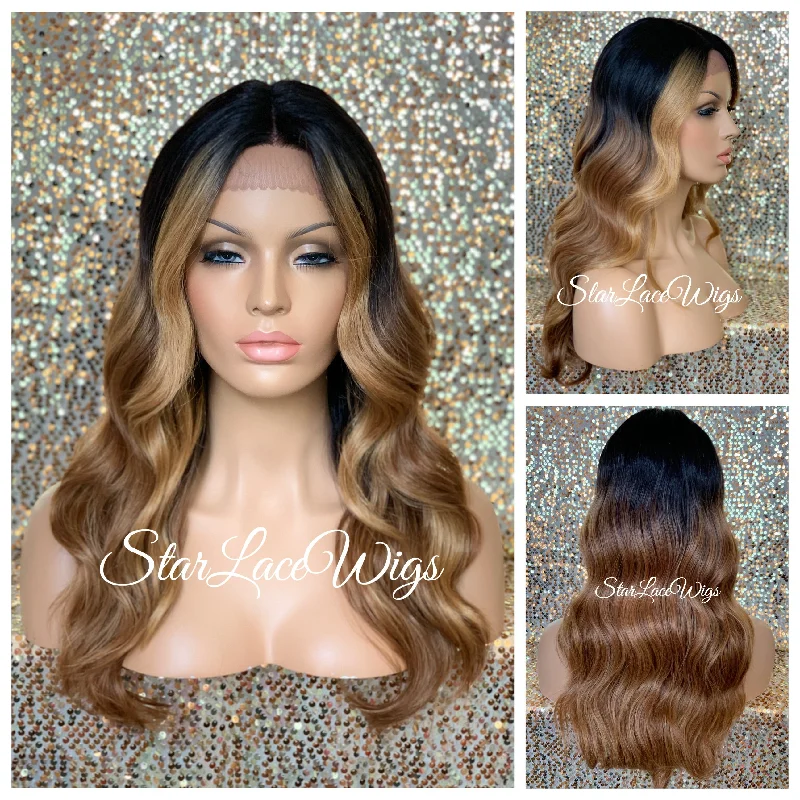 Lace Front Wig Long Synthetic Loose Waves 27/30 Dark Roots Middle Part - Irene