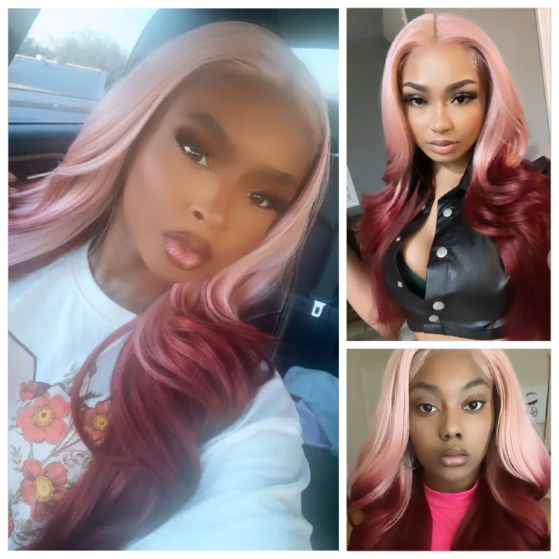 Long 2 Toned Pink Red Lace Front Wig (13x4) Free Part - Julia