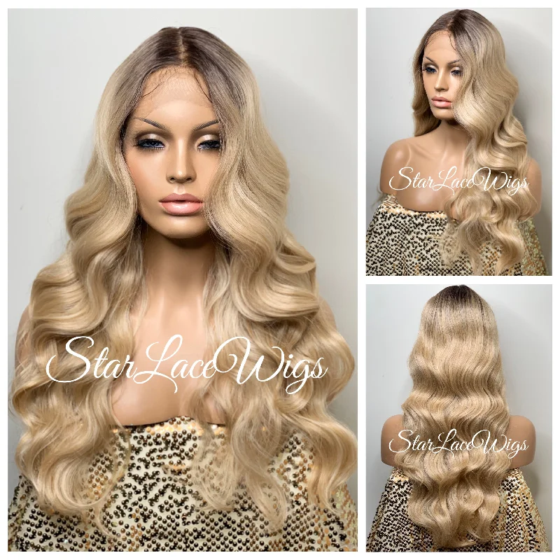 Long Blonde Wavy Synthetic Lace Front Wig Dark Roots - Yasmin