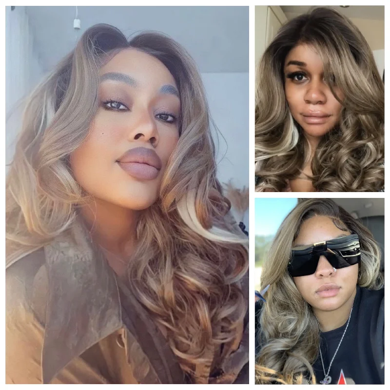 Long Dark Blonde Lace Front Wig Highlights (13x6) Curly Free Part - Skylar