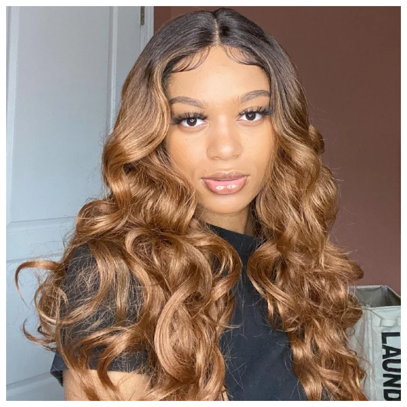 Long Strawberry Blonde Synthetic Lace Front Wig Dark Root Curly #30 - Tulia