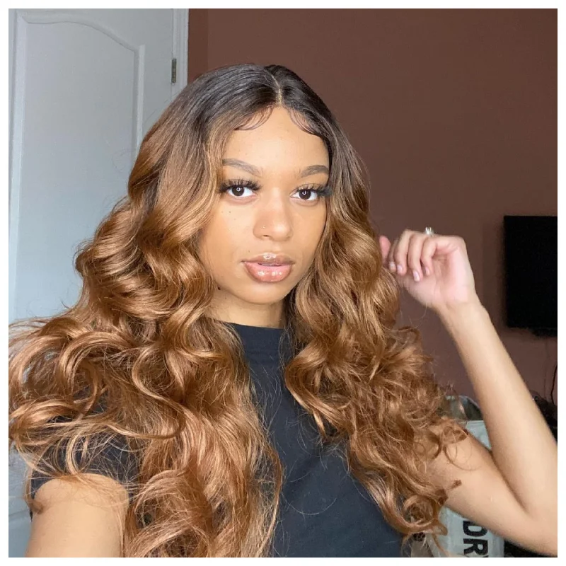 Long Strawberry Blonde Synthetic Lace Front Wig Dark Root Curly #30 - Tulia