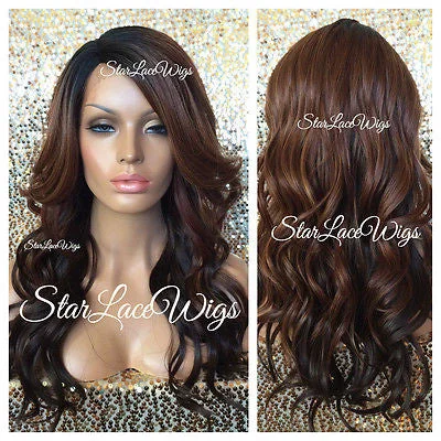 Long Wavy Synthetic Lace Front Wig Brown Mix #27 Dark Roots Layers - Desiree