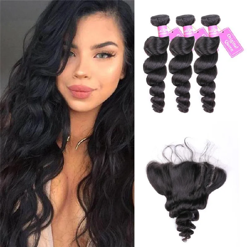 9A Loose Wave Human Hair 3 Bundles with 13*4 Lace Frontal Natural Black -OQHAIR